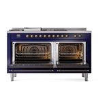 ILVE 60-Inch Nostalgie II Noblesse Natural Gas Dual Fuel Range with 7 Sealed Burners, Griddle, French Top, and Triple Glass Door Oven in Midnight Blue with Bronze Trim (UN60FSNMPMBB)