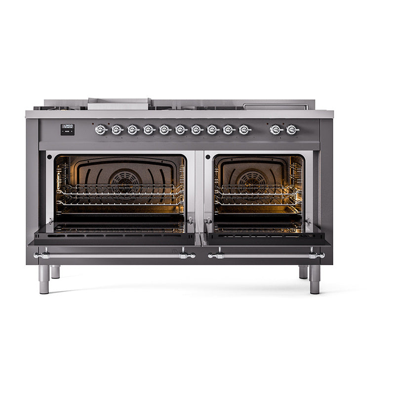 ILVE 60-Inch Nostalgie II Noblesse Propane Gas Dual Fuel Range with 7 Sealed Burners, Griddle, French Top, and Triple Glass Door Oven in Matte Graphite with Chrome Trim (UN60FSNMPMGCLP)