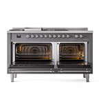 ILVE 60-Inch Nostalgie II Noblesse Propane Gas Dual Fuel Range with 7 Sealed Burners, Griddle, French Top, and Triple Glass Door Oven in Matte Graphite with Chrome Trim (UN60FSNMPMGCLP)