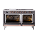 ILVE 60-Inch Nostalgie II Noblesse Propane Gas Dual Fuel Range with 7 Sealed Burners, Griddle, French Top, and Triple Glass Door Oven in Matte Graphite with Copper Trim (UN60FSNMPMGPLP)