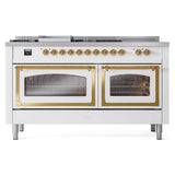 ILVE 60-Inch Nostalgie II Noblesse Natural Gas Dual Fuel Range with 7 Sealed Burners, Griddle, French Top, and Triple Glass Door Oven in RAL with Brass Trim (UN60FSNMPRAG)