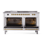 ILVE 60-Inch Nostalgie II Noblesse Natural Gas Dual Fuel Range with 7 Sealed Burners, Griddle, French Top, and Triple Glass Door Oven in RAL with Brass Trim (UN60FSNMPRAG)