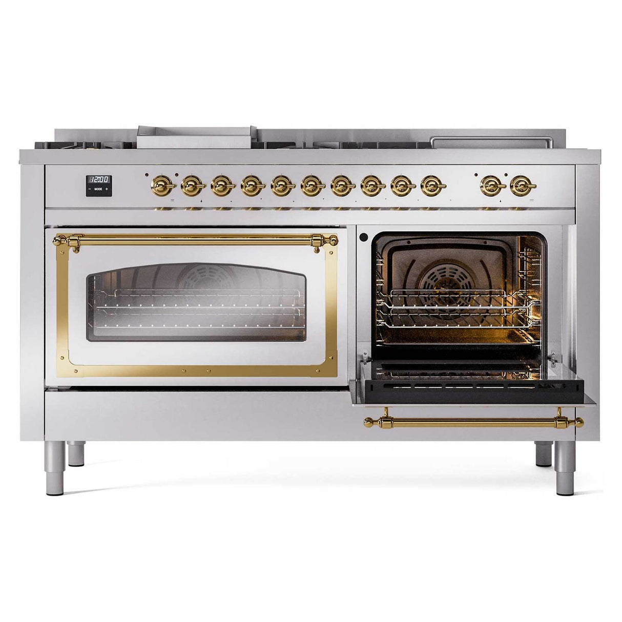 ILVE 60-Inch Nostalgie II Noblesse Natural Gas Dual Fuel Range with 7 Sealed Burners, Griddle, French Top, and Triple Glass Door Oven in RAL with Brass Trim (UN60FSNMPRAG)