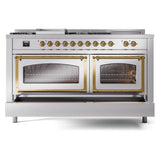 ILVE 60-Inch Nostalgie II Noblesse Natural Gas Dual Fuel Range with 7 Sealed Burners, Griddle, French Top, and Triple Glass Door Oven in RAL with Brass Trim (UN60FSNMPRAG)