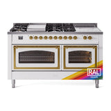 ILVE 60-Inch Nostalgie II Noblesse Natural Gas Dual Fuel Range with 7 Sealed Burners, Griddle, French Top, and Triple Glass Door Oven in RAL with Brass Trim (UN60FSNMPRAG)