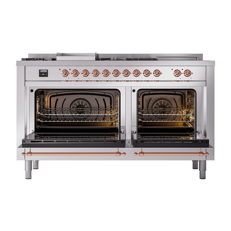 ILVE 60-Inch Nostalgie II Noblesse Propane Gas Dual Fuel Range with 7 Sealed Burners, Griddle, French Top and Triple Glass Door Oven in Stainless Steel with Copper Trim (UN60FSNMPSSPLP)