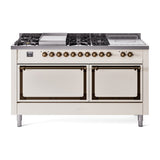 ILVE 60-Inch Nostalgie II Noblesse Propane Gas Dual Fuel Range with 7 Sealed Burners, Gridlde, French Top, and Solid Door Oven in Antique Whitewith Bronze Trim (UN60FSQNMPAWBLP)