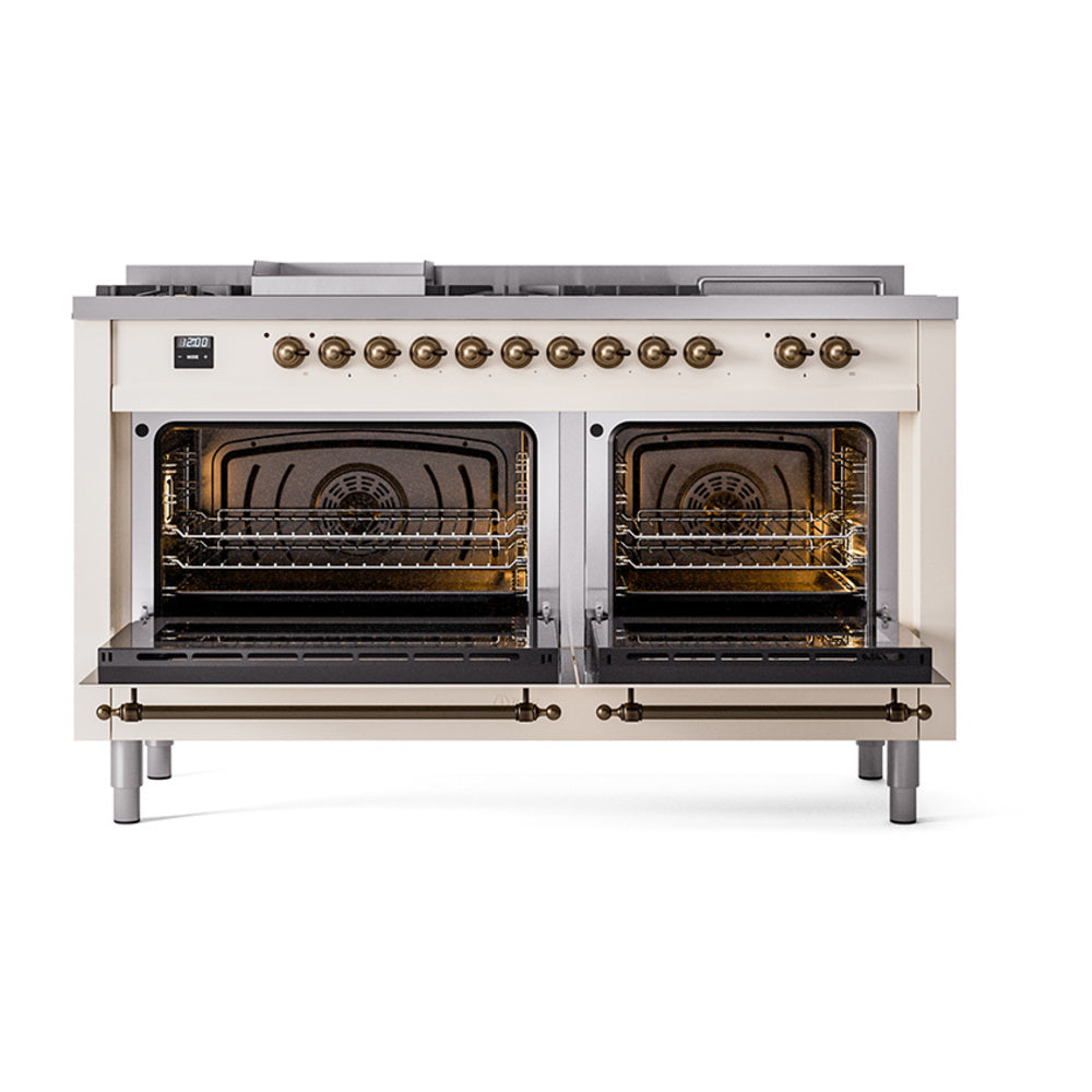 ILVE 60-Inch Nostalgie II Noblesse Propane Gas Dual Fuel Range with 7 Sealed Burners, Gridlde, French Top, and Solid Door Oven in Antique Whitewith Bronze Trim (UN60FSQNMPAWBLP)