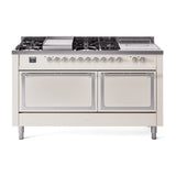 ILVE 60-Inch Nostalgie II Noblesse Propane Gas Dual Fuel Range with 7 Sealed Burners, Gridlde, French Top, and Solid Door Oven in Antique White with Chrome Trim (UN60FSQNMPAWCLP)