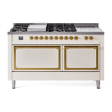 ILVE 60-Inch Nostalgie II Noblesse Propane Gas Dual Fuel Range with 7 Sealed Burners, Gridlde, French Top, and Solid Door Oven in Antique White with Brass Trim (UN60FSQNMPAWGLP)