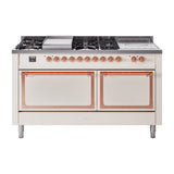 ILVE 60-Inch Nostalgie II Noblesse Propane Gas Dual Fuel Range with 7 Sealed Burners, Gridlde, French Top, and Solid Door Oven in Antique White with Copper Trim (UN60FSQNMPAWPLP)