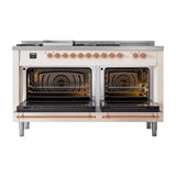 ILVE 60-Inch Nostalgie II Noblesse Propane Gas Dual Fuel Range with 7 Sealed Burners, Gridlde, French Top, and Solid Door Oven in Antique White with Copper Trim (UN60FSQNMPAWPLP)