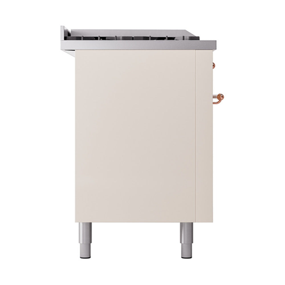 ILVE 60-Inch Nostalgie II Noblesse Propane Gas Dual Fuel Range with 7 Sealed Burners, Gridlde, French Top, and Solid Door Oven in Antique White with Copper Trim (UN60FSQNMPAWPLP)