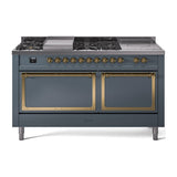 ILVE 60-Inch Nostalgie II Noblesse Propane Gas Dual Fuel Range with 7 Sealed Burners, Gridlde, French Top, and Solid Door Oven in Blue Grey with Brass Trim (UN60FSQNMPBGGLP)