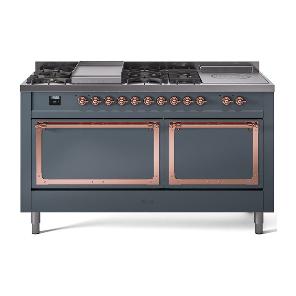 ILVE 60-Inch Nostalgie II Noblesse Natural Gas Dual Fuel Range with 7 Sealed Burners, Gridlde, French Top, and Solid Door Oven in Blue Grey with Copper Trim (UN60FSQNMPBGP)