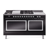 ILVE 60-Inch Nostalgie II Noblesse Propane Gas Dual Fuel Range with 7 Sealed Burners, Griddle, French Top, and Solid Door Oven in Glossy Black with Chrome Trim (UN60FSQNMPBKCLP)