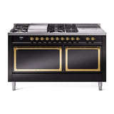 ILVE 60-Inch Nostalgie II Noblesse Propane Gas Dual Fuel Range with 7 Sealed Burners, Gridlde, French Top, and Solid Door Oven in Glossy Black with Brass Trim (UN60FSQNMPBKGLP)
