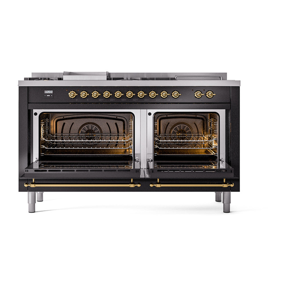 ILVE 60-Inch Nostalgie II Noblesse Propane Gas Dual Fuel Range with 7 Sealed Burners, Gridlde, French Top, and Solid Door Oven in Glossy Black with Brass Trim (UN60FSQNMPBKGLP)