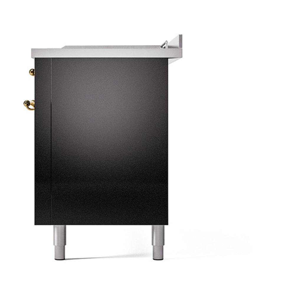 ILVE 60-Inch Nostalgie II Noblesse Propane Gas Dual Fuel Range with 7 Sealed Burners, Gridlde, French Top, and Solid Door Oven in Glossy Black with Brass Trim (UN60FSQNMPBKGLP)
