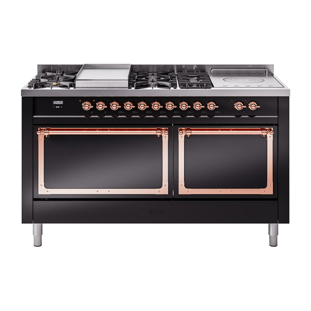 ILVE 60-Inch Nostalgie II Noblesse Propane Gas Dual Fuel Range with 7 Sealed Burners, Gridlde, French Top, and Solid Door Oven in Glossy Black with Copper Trim (UN60FSQNMPBKPLP)