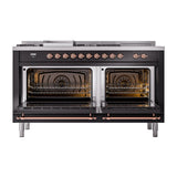 ILVE 60-Inch Nostalgie II Noblesse Propane Gas Dual Fuel Range with 7 Sealed Burners, Gridlde, French Top, and Solid Door Oven in Glossy Black with Copper Trim (UN60FSQNMPBKPLP)