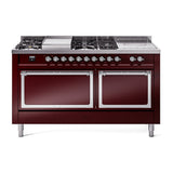 ILVE 60-Inch Nostalgie II Noblesse Dual Fuel Range with 7 Sealed Burners, Gridlde, French Top, and Solid Door Oven in Burgundy with Chrome Trim (UN60FSQNMPBUC)