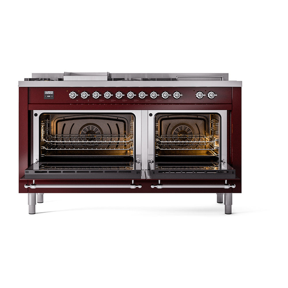 ILVE 60-Inch Nostalgie II Noblesse Dual Fuel Range with 7 Sealed Burners, Gridlde, French Top, and Solid Door Oven in Burgundy with Chrome Trim (UN60FSQNMPBUC)