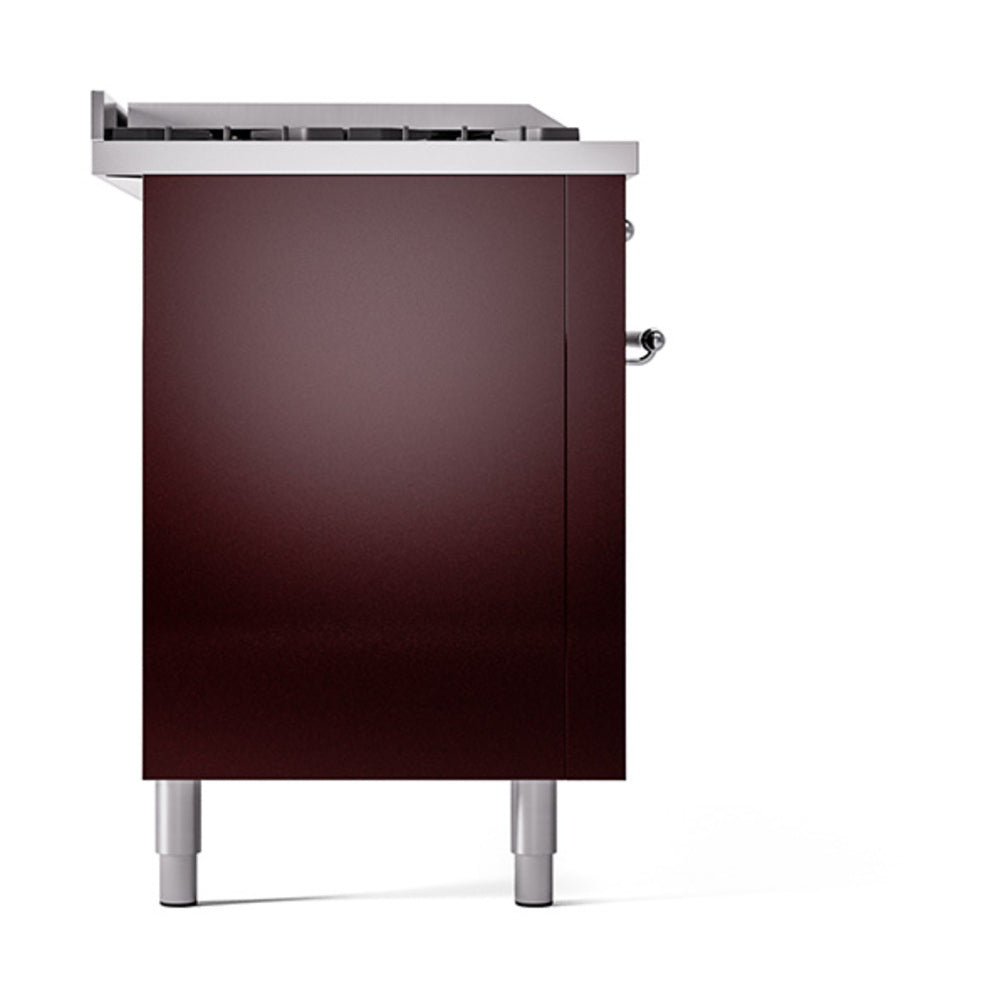 ILVE 60-Inch Nostalgie II Noblesse Dual Fuel Range with 7 Sealed Burners, Gridlde, French Top, and Solid Door Oven in Burgundy with Chrome Trim (UN60FSQNMPBUC)