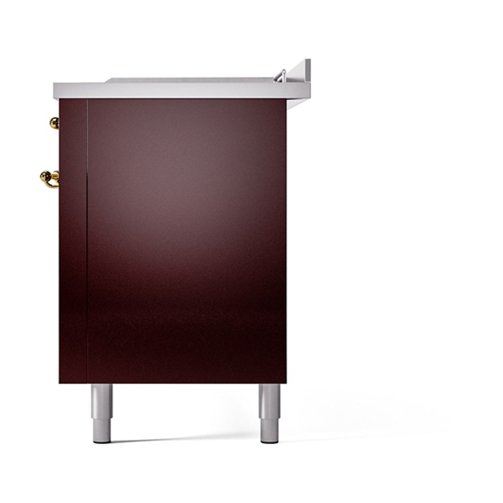 ILVE 60-Inch Nostalgie II Noblesse Natural Gas Dual Fuel Range with 7 Sealed Burners, Gridlde, French Top, and Solid Door Oven in Burgundy with Brass Trim (UN60FSQNMPBUG)