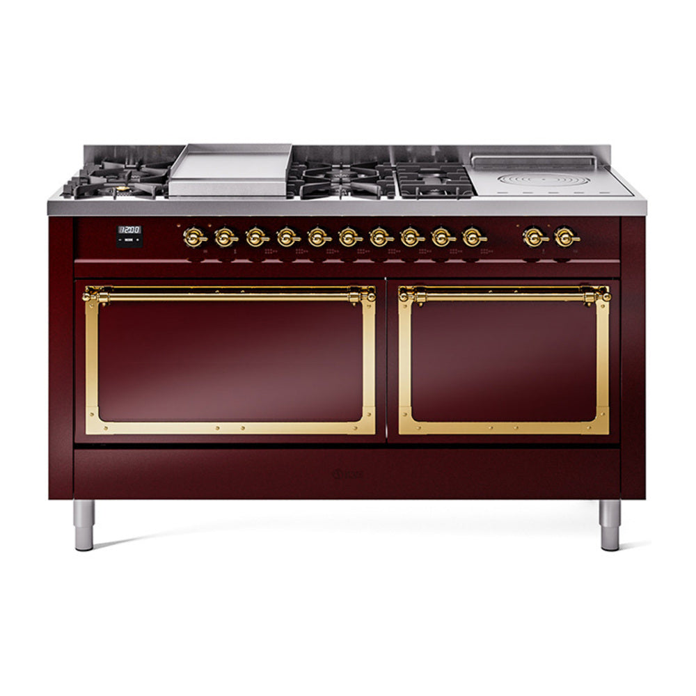 ILVE 60-Inch Nostalgie II Noblesse Natural Gas Dual Fuel Range with 7 Sealed Burners, Gridlde, French Top, and Solid Door Oven in Burgundy with Brass Trim (UN60FSQNMPBUG)