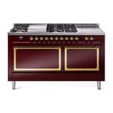 ILVE 60-Inch Nostalgie II Noblesse Natural Gas Dual Fuel Range with 7 Sealed Burners, Gridlde, French Top, and Solid Door Oven in Burgundy with Brass Trim (UN60FSQNMPBUG)