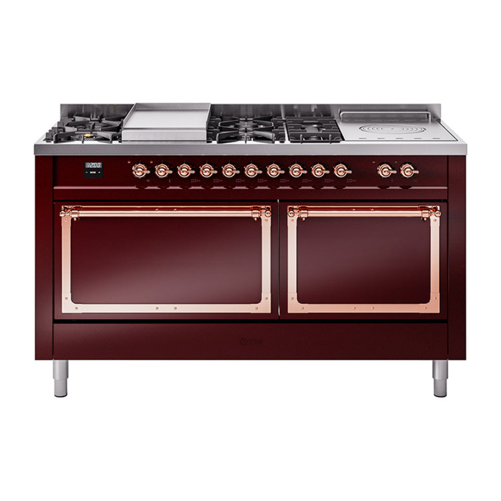 ILVE 60-Inch Nostalgie II Noblesse Propane Gas Dual Fuel Range with 7 Sealed Burners, Gridlde, French Top, and Solid Door Oven in Burgundy with Copper Trim (UN60FSQNMPBUPLP)