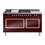 ILVE 60-Inch Nostalgie II Noblesse Propane Gas Dual Fuel Range with 7 Sealed Burners, Gridlde, French Top, and Solid Door Oven in Burgundy with Copper Trim (UN60FSQNMPBUPLP)