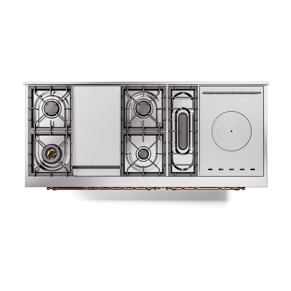 ILVE 60-Inch Nostalgie II Noblesse Propane Gas Dual Fuel Range with 7 Sealed Burners, Gridlde, French Top, and Solid Door Oven in Burgundy with Copper Trim (UN60FSQNMPBUPLP)