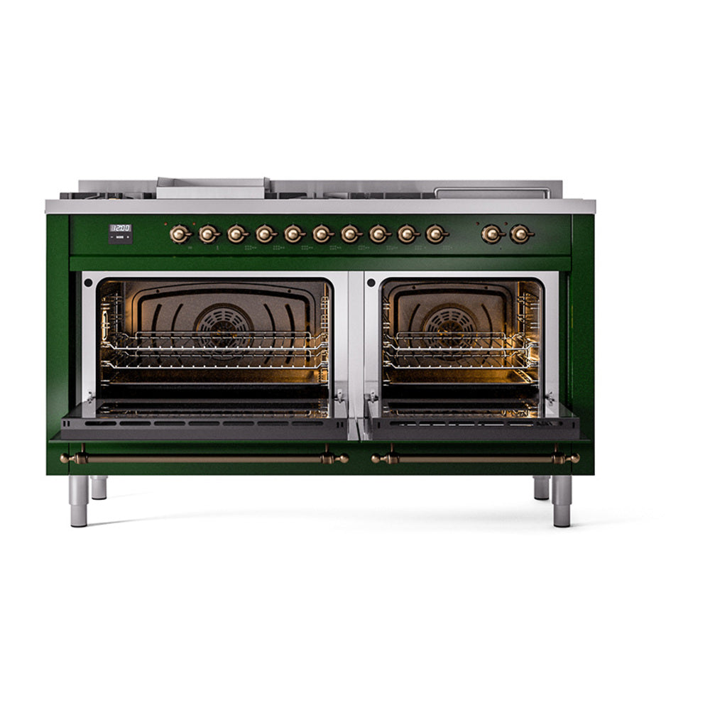 ILVE 60-Inch Nostalgie II Noblesse Propane Gas Dual Fuel Range with 7 Sealed Burners, Gridlde, French Top, and Solid Door Oven in Emerald Green with Bronze Trim (UN60FSQNMPEGBLP)