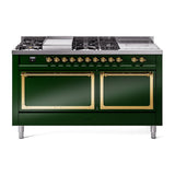 ILVE 60-Inch Nostalgie II Noblesse Propane Gas Dual Fuel Range with 7 Sealed Burners, Gridlde, French Top, and Solid Door Oven in Emerald Green with Brass Trim (UN60FSQNMPEGGLP)