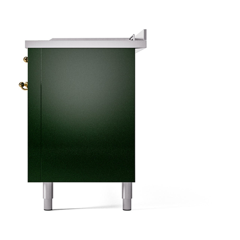 ILVE 60-Inch Nostalgie II Noblesse Propane Gas Dual Fuel Range with 7 Sealed Burners, Gridlde, French Top, and Solid Door Oven in Emerald Green with Brass Trim (UN60FSQNMPEGGLP)