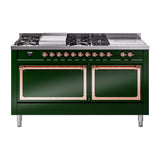 ILVE 60-Inch Nostalgie II Noblesse Propane Gas Dual Fuel Range with 7 Sealed Burners, Gridlde, French Top, and Solid Door Oven in Emerald Green with Copper Trim (UN60FSQNMPEGPLP)