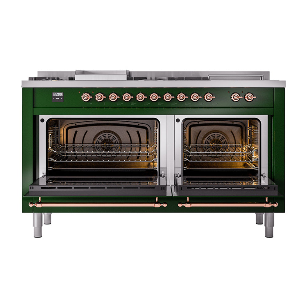 ILVE 60-Inch Nostalgie II Noblesse Propane Gas Dual Fuel Range with 7 Sealed Burners, Gridlde, French Top, and Solid Door Oven in Emerald Green with Copper Trim (UN60FSQNMPEGPLP)