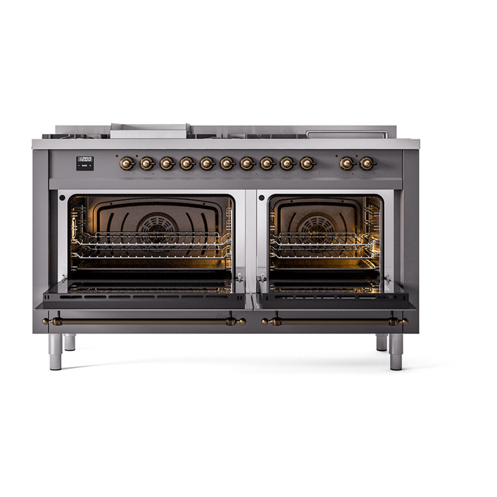 ILVE 60-Inch Nostalgie II Noblesse Natural Gas Dual Fuel Range with 7 Sealed Burners, Gridlde, French Top, and Solid Door Oven in Matte Graphite with Bronze Trim (UN60FSQNMPMGB)
