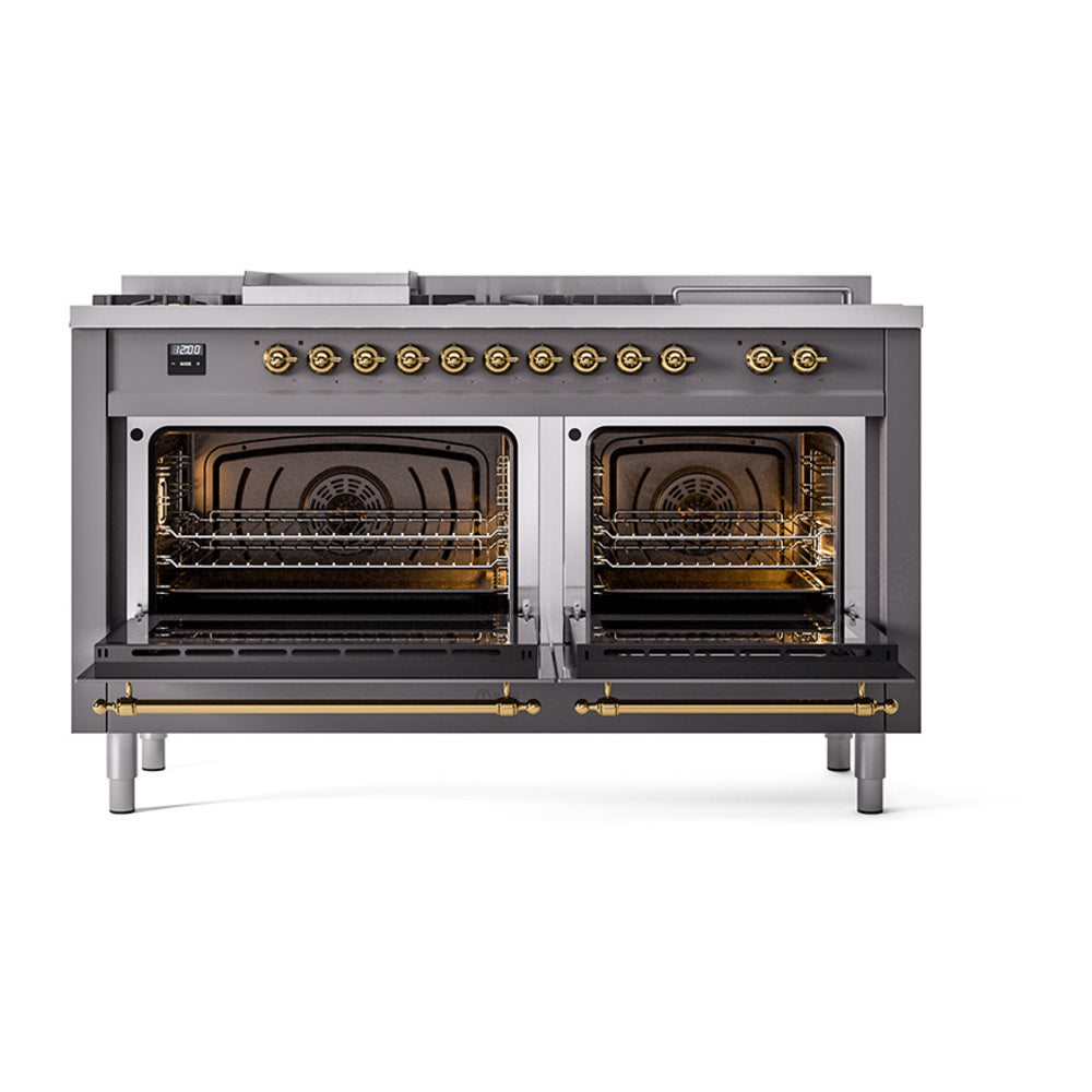 ILVE 60-Inch Nostalgie II Noblesse Natural Gas Dual Fuel Range with 7 Sealed Burners, Griddle, French Top, and Solid Door Oven in Matte Graphite with Brass Trim (UN60FSQNMPMGG)
