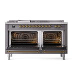 ILVE 60-Inch Nostalgie II Noblesse Natural Gas Dual Fuel Range with 7 Sealed Burners, Griddle, French Top, and Solid Door Oven in Matte Graphite with Brass Trim (UN60FSQNMPMGG)
