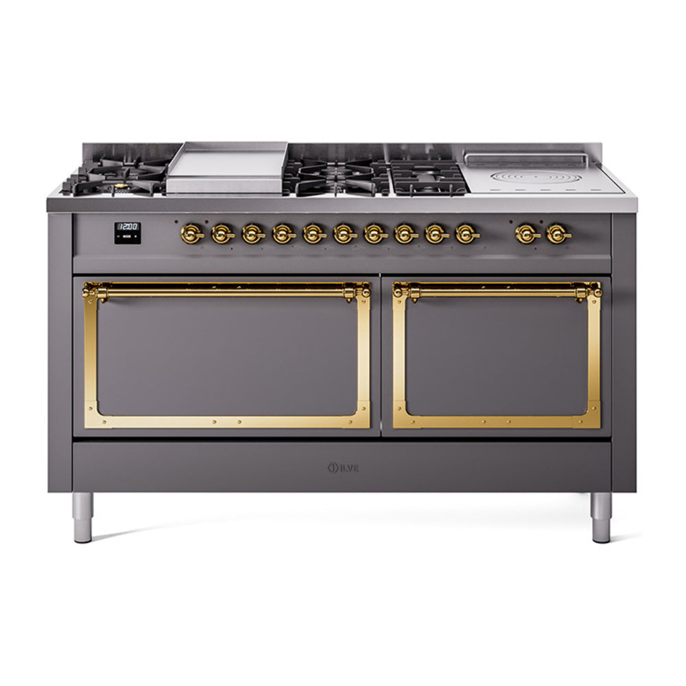 ILVE 60-Inch Nostalgie II Noblesse Natural Gas Dual Fuel Range with 7 Sealed Burners, Griddle, French Top, and Solid Door Oven in Matte Graphite with Brass Trim (UN60FSQNMPMGG)