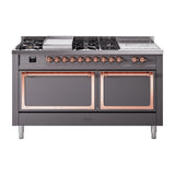 ILVE 60-Inch Nostalgie II Noblesse Natural Gas Dual Fuel Range with 7 Sealed Burners, Gridlde, French Top, and Solid Door Oven in Matte Graphite with Copper Trim (UN60FSQNMPMGP)