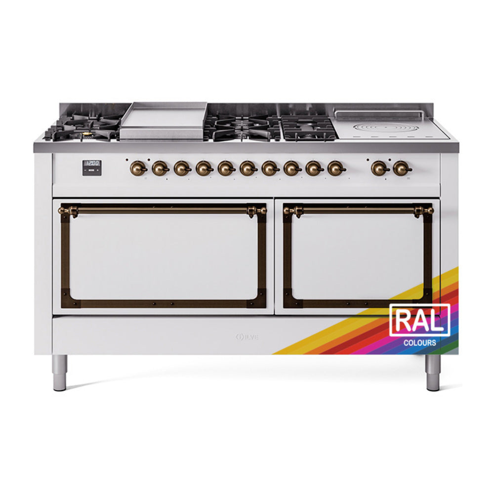 ILVE 60-Inch Nostalgie II Noblesse Propane Gas Dual Fuel Range with 7 Sealed Burners, Gridlde, French Top, and Solid Door Oven in Custom RAL with Bronze Trim (UN60FSQNMPRABLP)