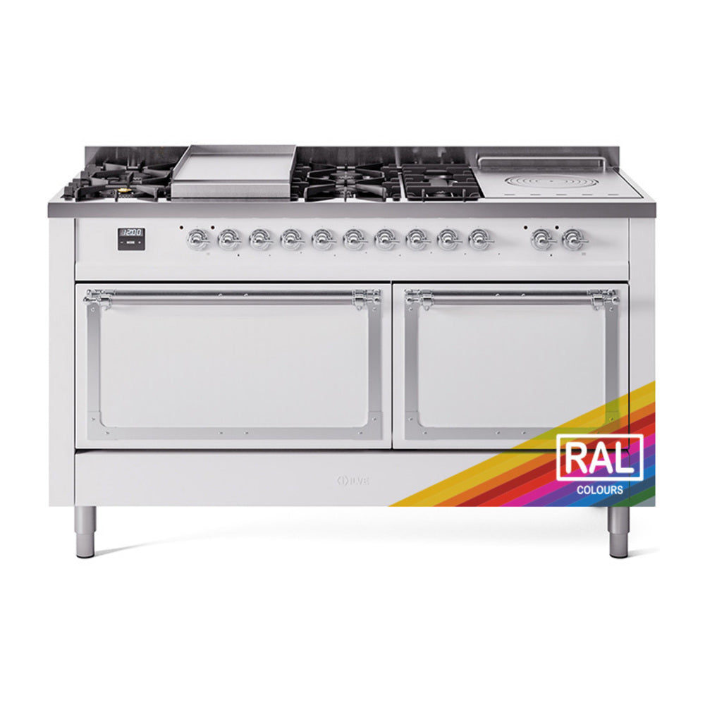 ILVE 60-Inch Nostalgie II Noblesse Natural Gas Dual Fuel Range with 7 Sealed Burners, Gridlde, French Top, and Solid Door Oven in RAL with Chrome Trim (UN60FSQNMPRAC)