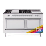 ILVE 60-Inch Nostalgie II Noblesse Natural Gas Dual Fuel Range with 7 Sealed Burners, Gridlde, French Top, and Solid Door Oven in RAL with Chrome Trim (UN60FSQNMPRAC)