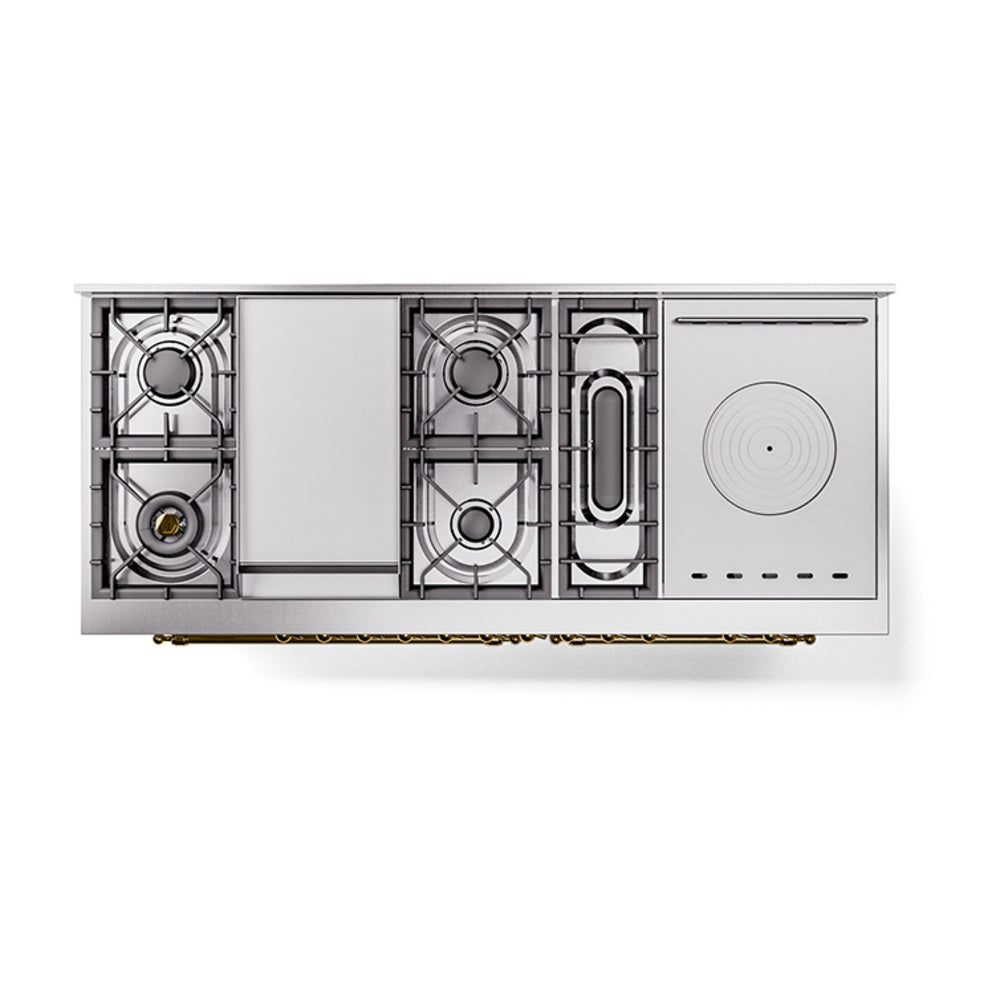 ILVE 60-Inch Nostalgie II Noblesse Propane Gas Dual Fuel Range with 7 Sealed Burners, Gridlde, French Top, and Solid Door Oven in RAL with Brass Trim (UN60FSQNMPRAGLP)