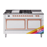 ILVE 60-Inch Nostalgie II Noblesse Propane Gas Dual Fuel Range with 7 Sealed Burners, Gridlde, French Top, and Solid Door Oven in Custom RAL with Copper Trim (UN60FSQNMPRAPLP)