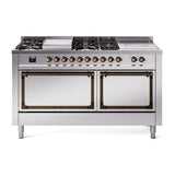 ILVE 60-Inch Nostalgie II Noblesse Propane Gas Dual Fuel Range with 7 Sealed Burners, Griddle, French Top, and Solid Door Oven in Stainless Steel with Bronze Trim (UN60FSQNMPSSBLP)